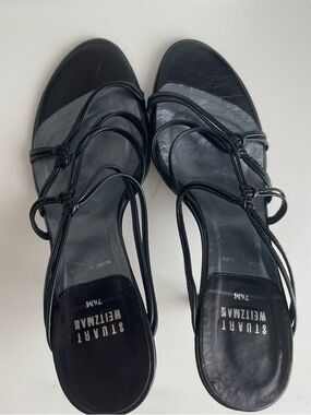Stuart Weitzman Black Multi-Strap Leather Slide Sandals